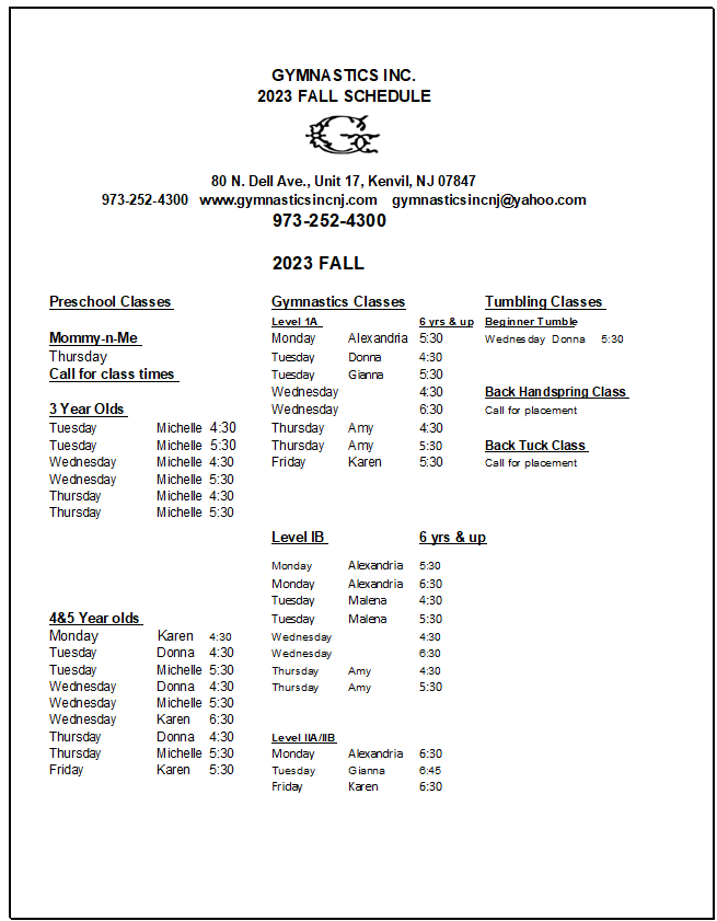 8 16 23gym inc fall schedule
