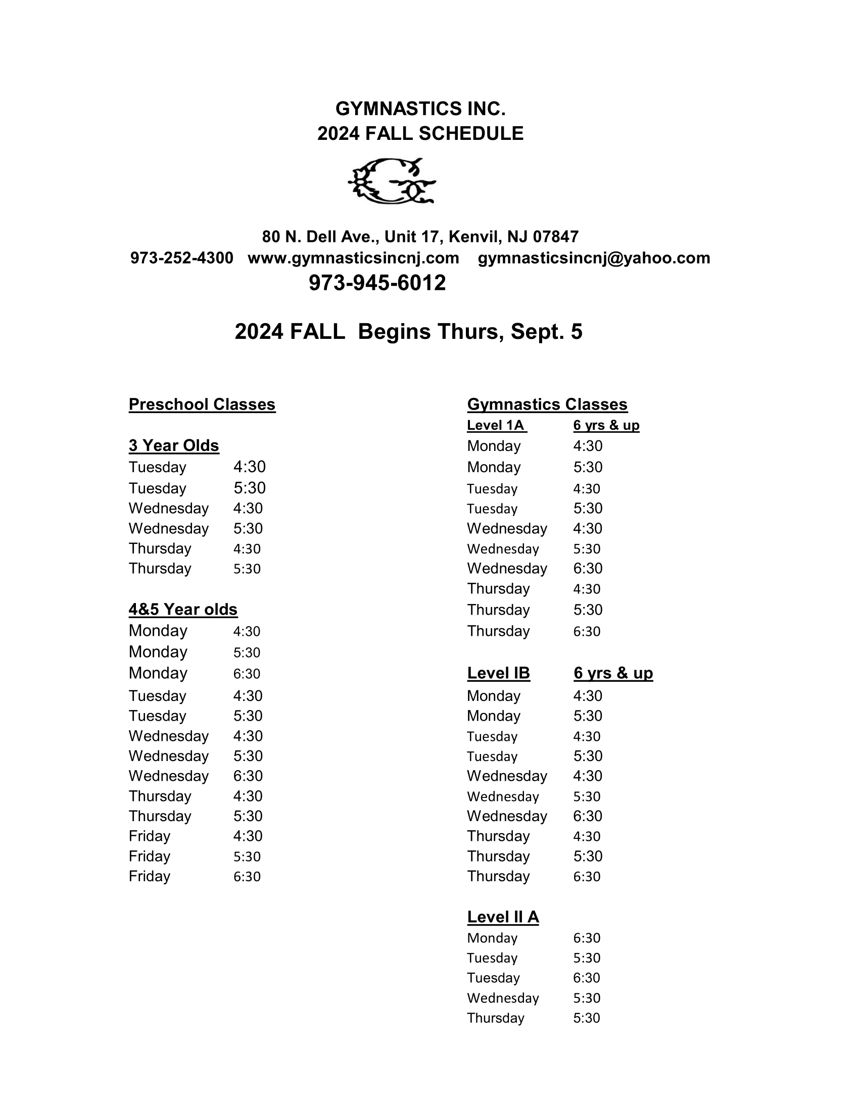 2024 FALL CLASS SCHEDULE 1