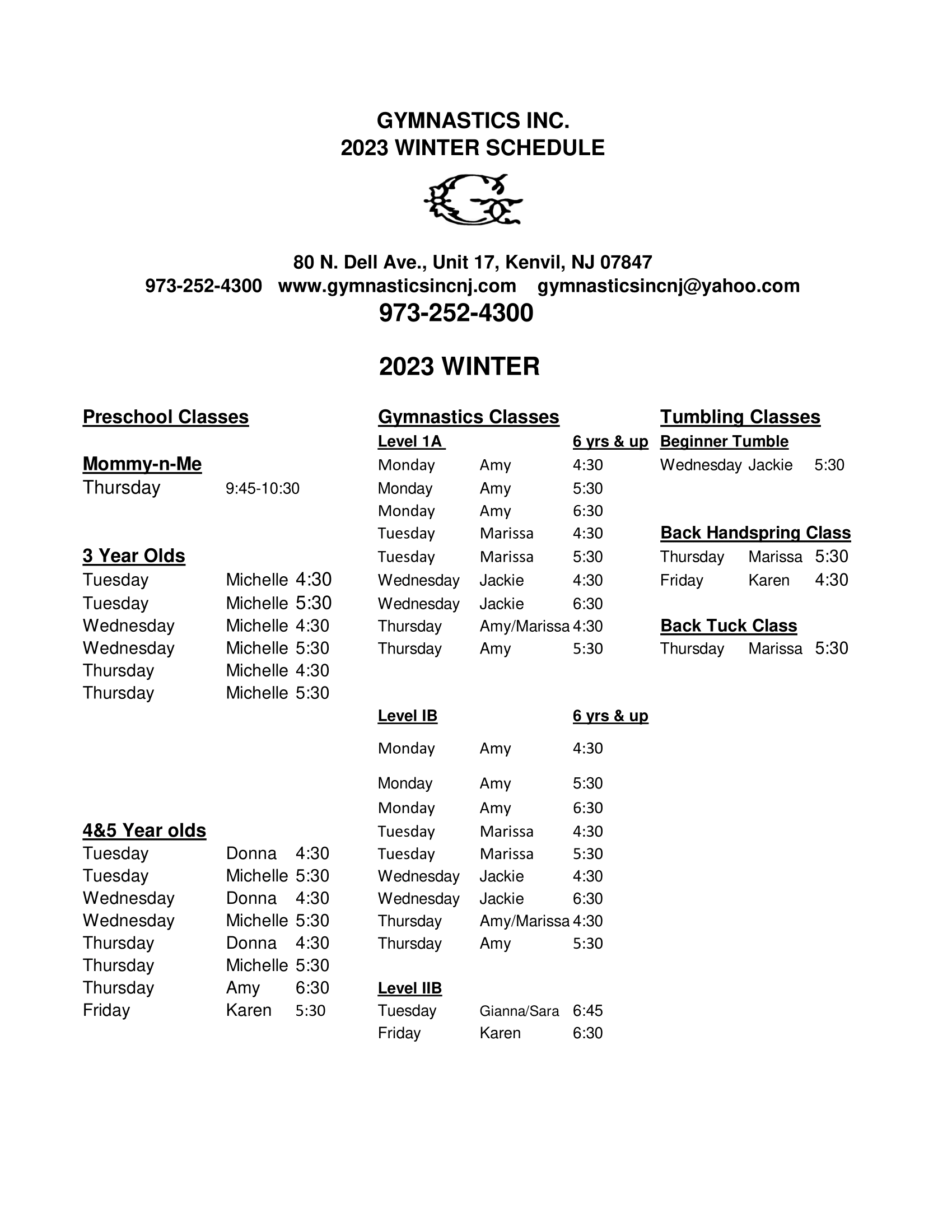2023 WINTER CLASS SCHEDULE 1